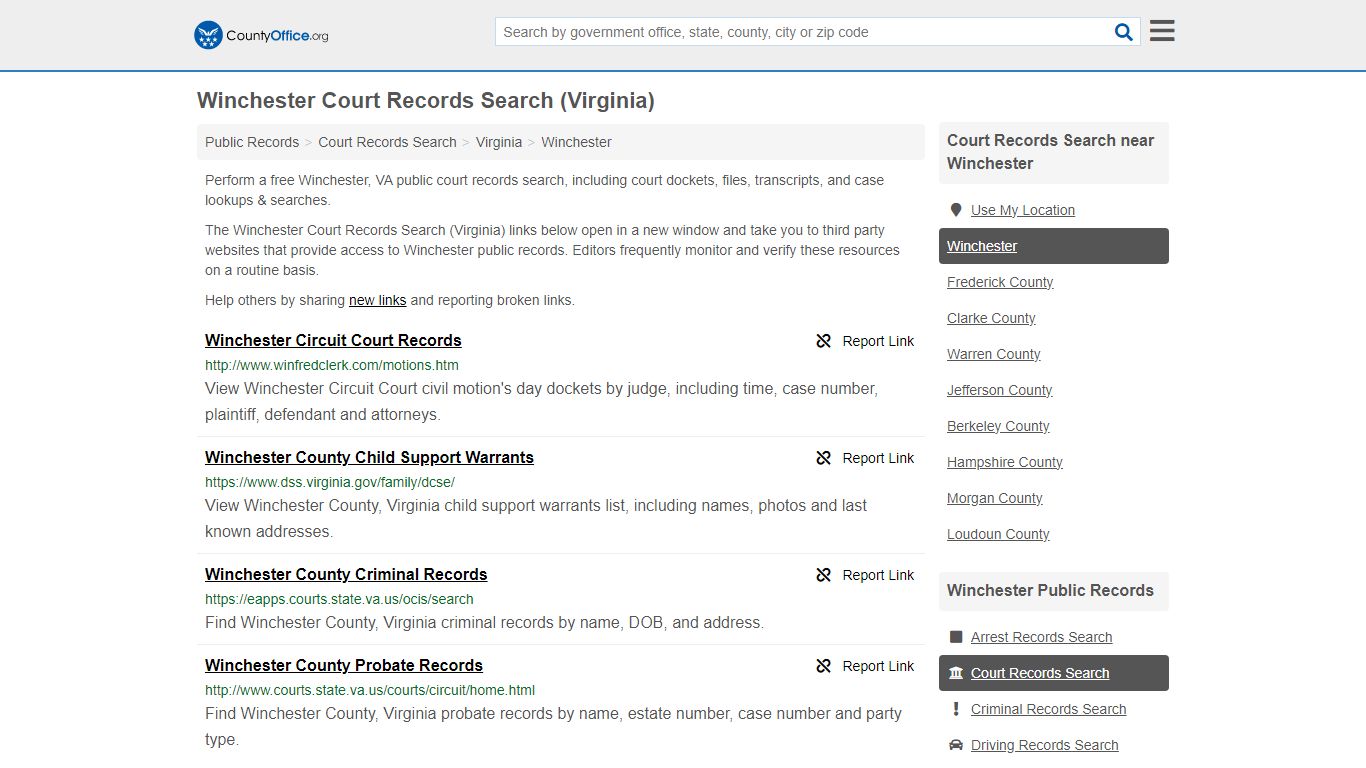 Winchester Court Records Search (Virginia) - County Office