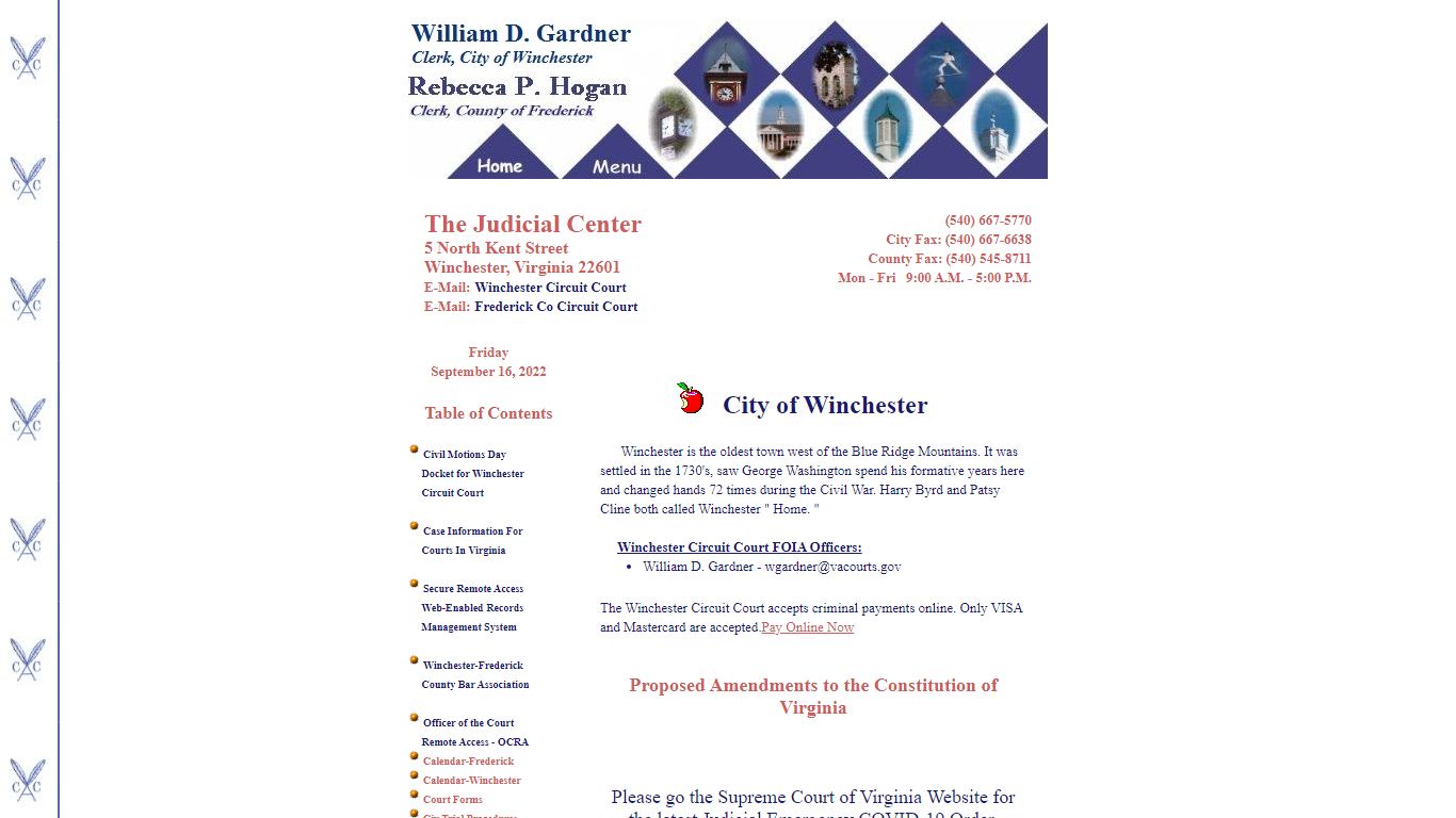 Winchester Frederick County Circuit Court Clerks Welcome Page